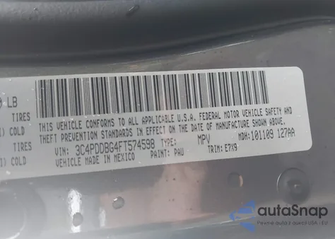 2015 Dodge Journey Sxt z USA, uszkodzony, nr VIN 3C4PDDBG4FT574598